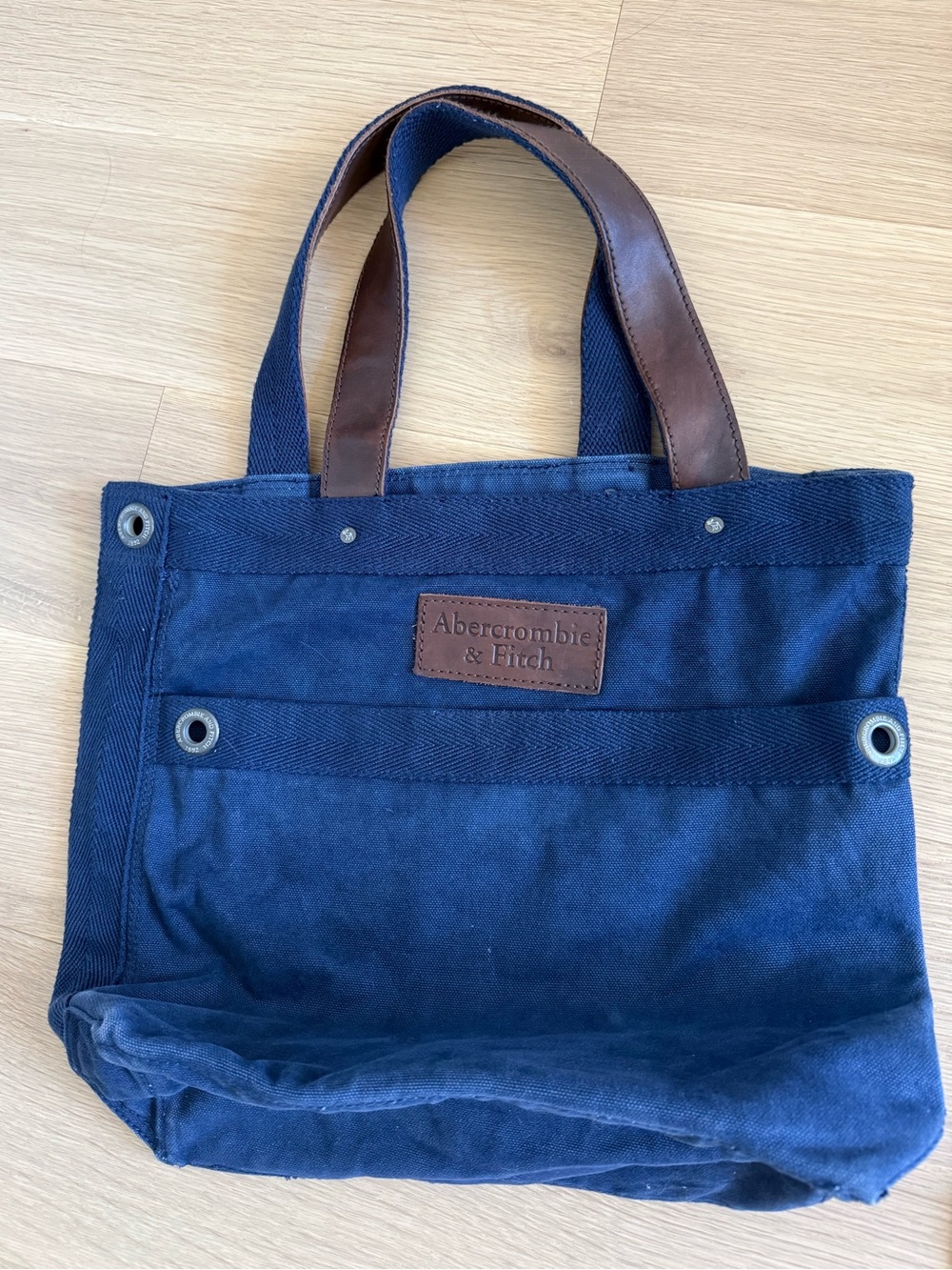 Abercrombie & Fitch Navy Canvas Duffel Tote with Brown Leather Handles